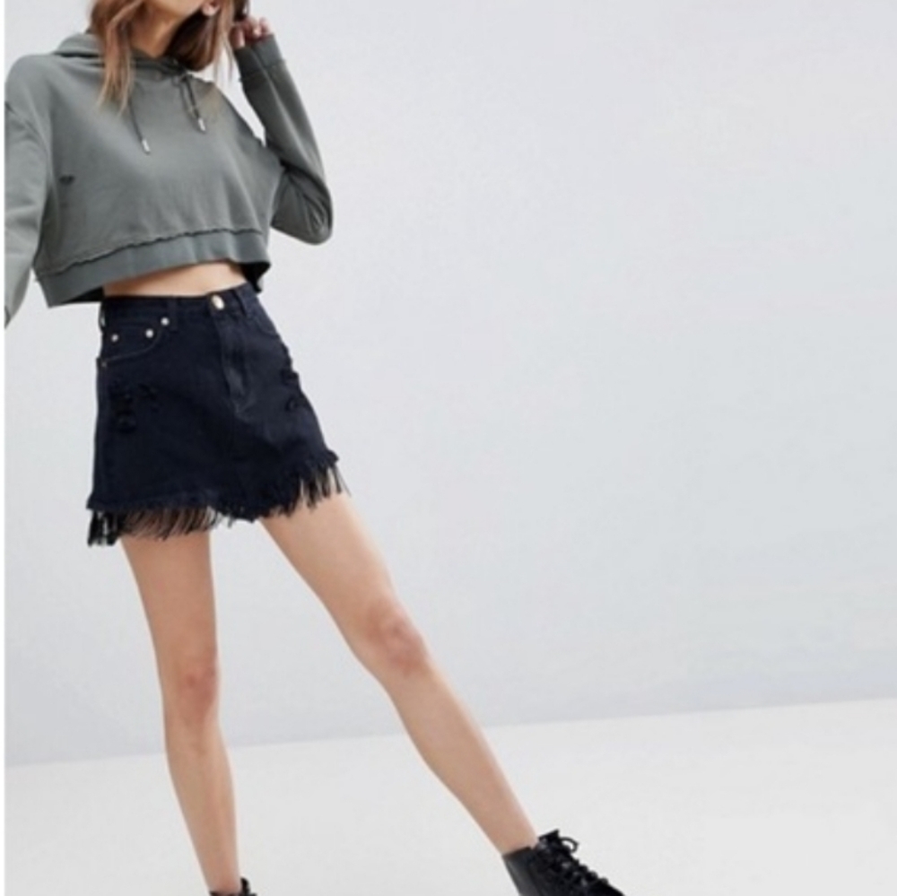 New The‎ Rock n Rev Black Fringe Denim Skirt 10